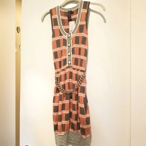 Coral & Gray Check Knit Jumper Dress with Chain Belt in XS
